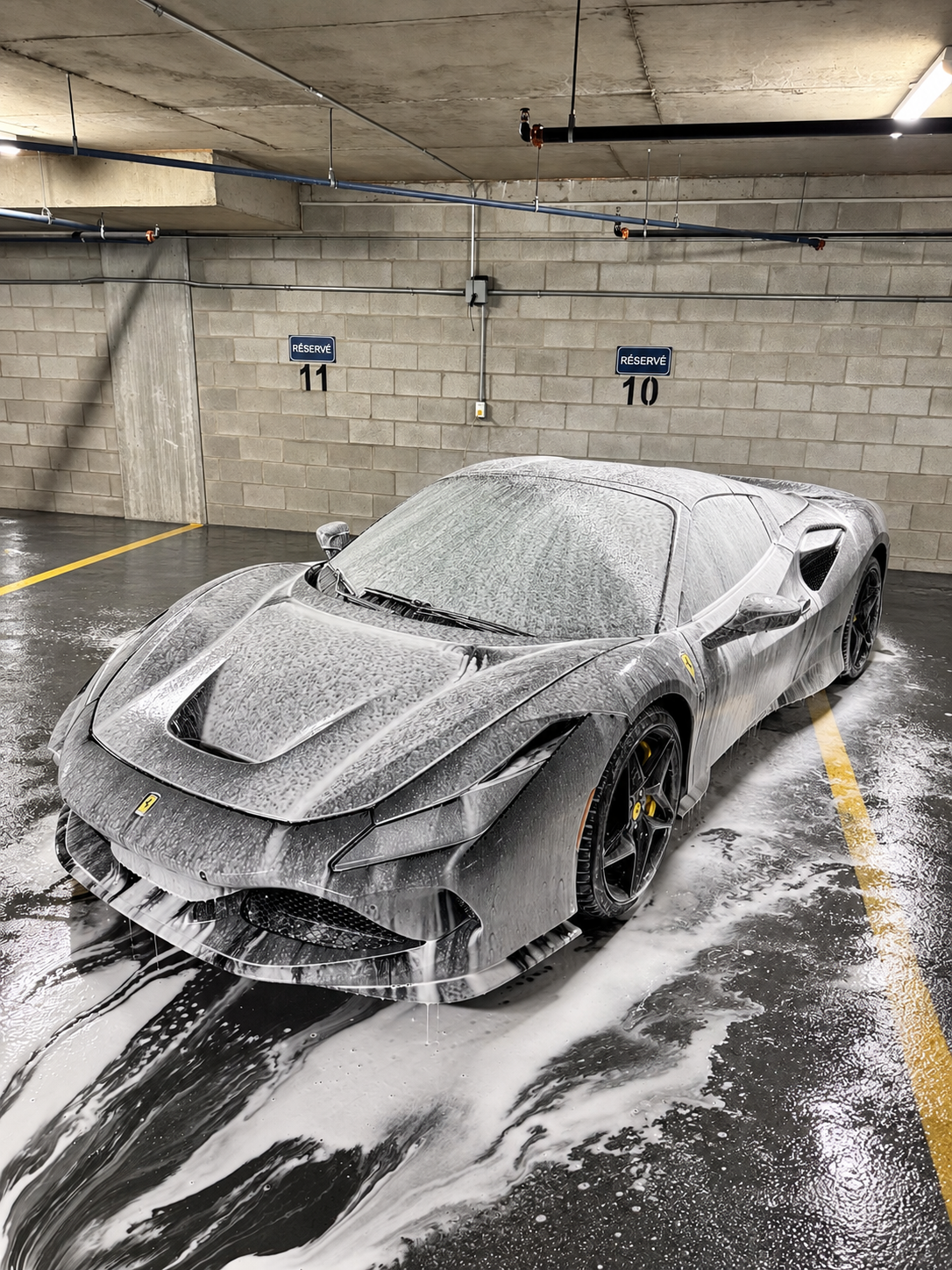 Ferrari recouverte de mousse pendant un lavage haut de gamme par FuzionDetail